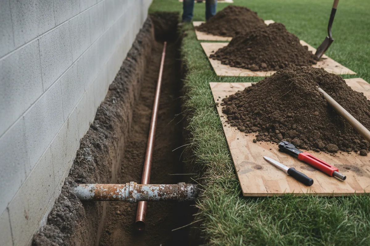 Excavated water line trench during Water Heater Repair in Thompsons